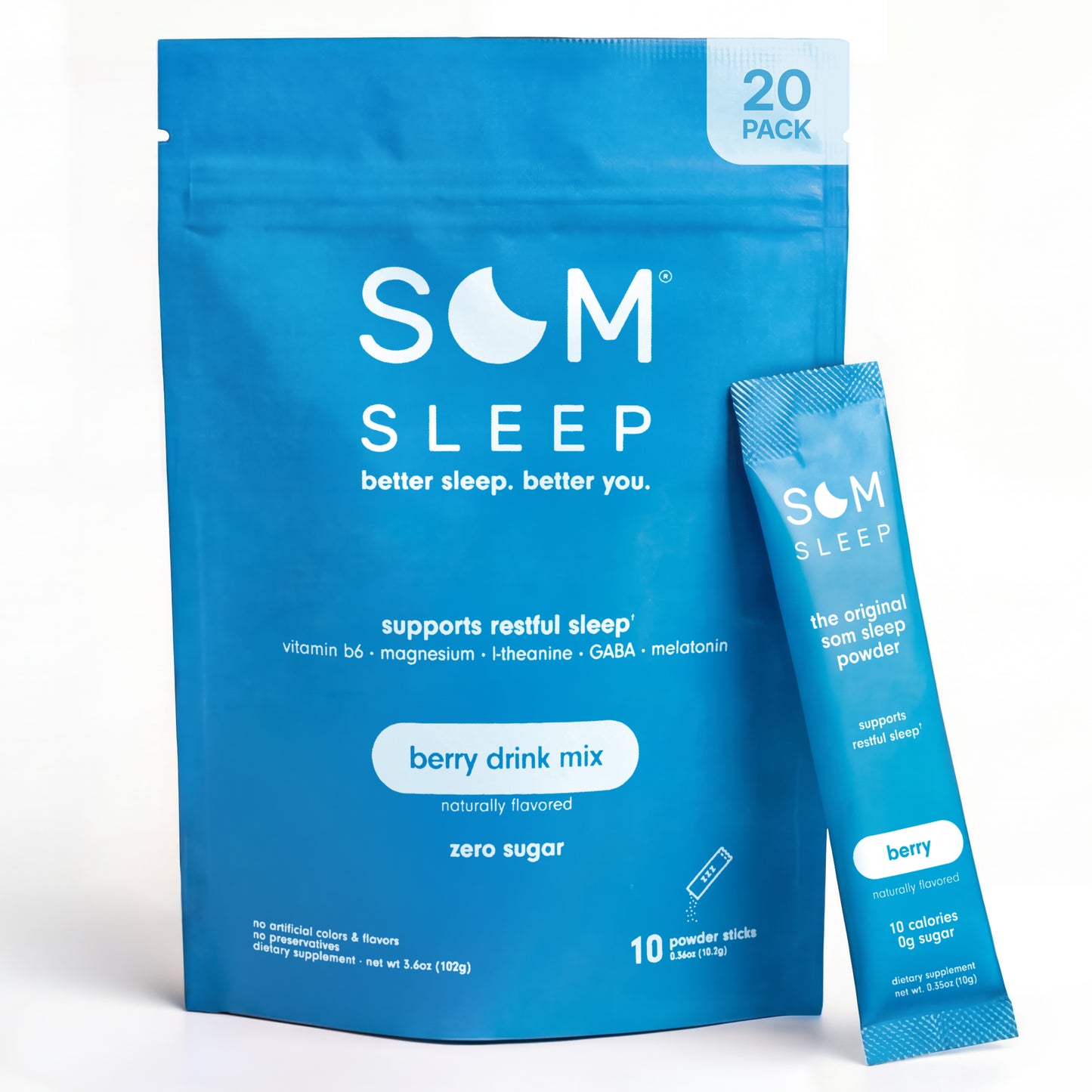 Blue packaging of Som Sleep berry drink mix with a smaller packet on a white background
