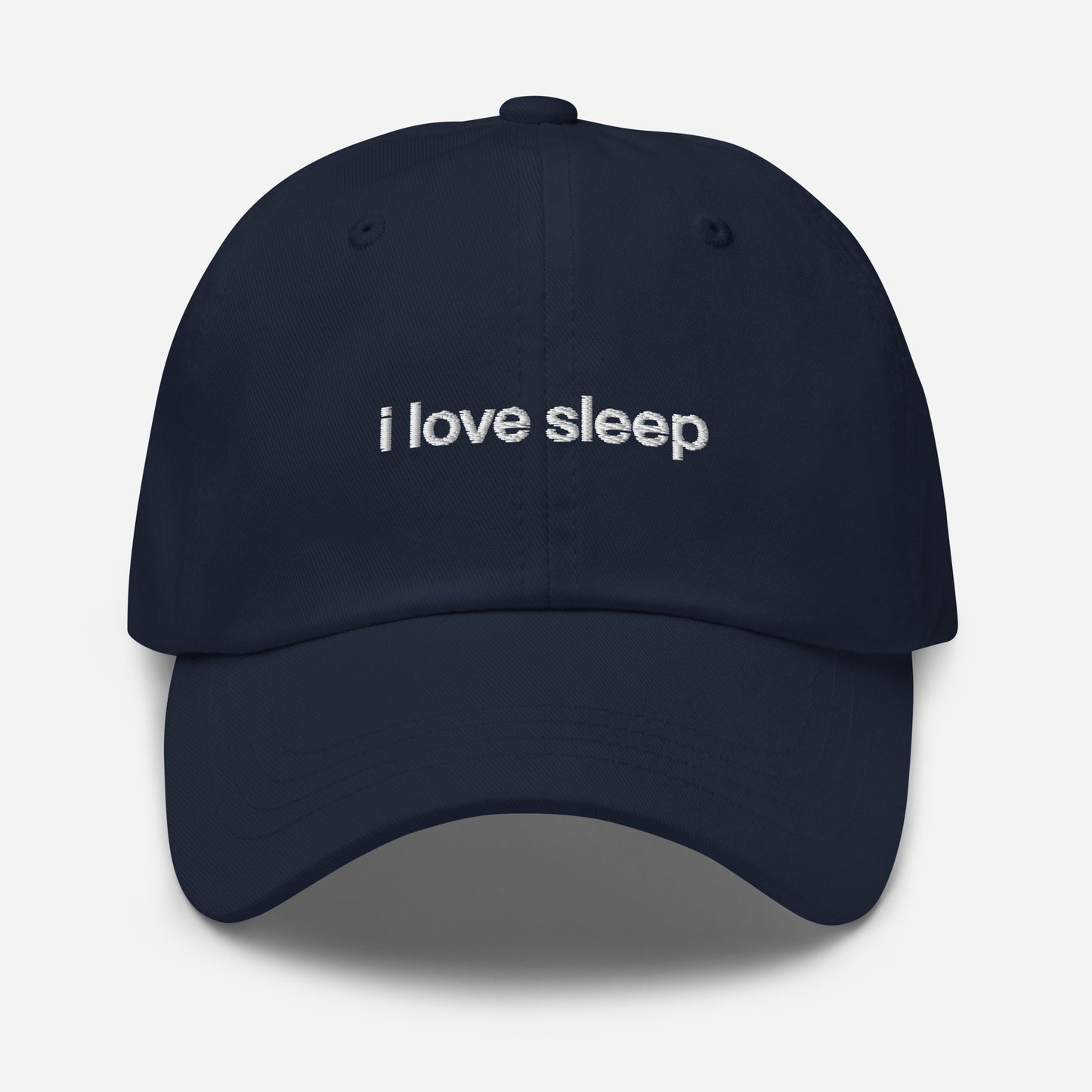 I Love Sleep navy dad cap, relaxed fit with adjustable back and embroidered logo