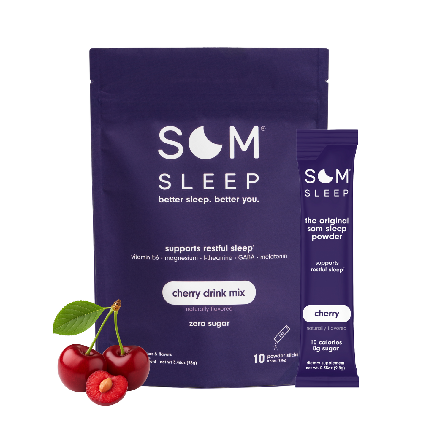 Cherry-flavored sleep powder drink mix by Som Sleep, designed to help you relax, fall asleep faster, and wake up refreshed.