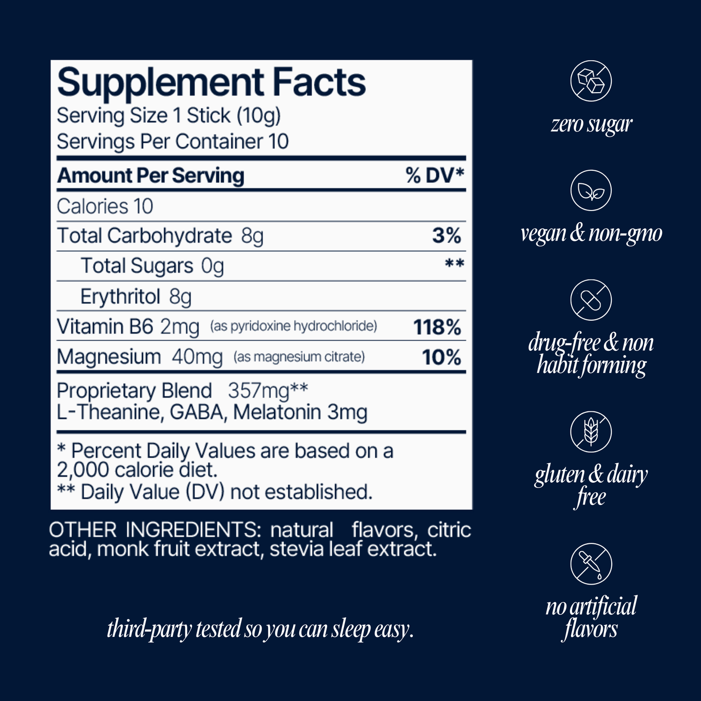 Supplement Facts panel for Som Sleep Powder showing melatonin, magnesium, GABA, L-theanine, and vitamin B6.