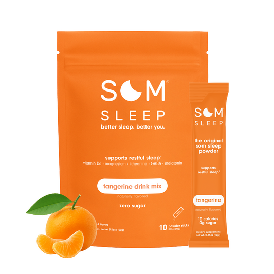 Som Sleep Tangerine sleep aid powder drink mix with magnesium, melatonin, and L-theanine for better sleep.