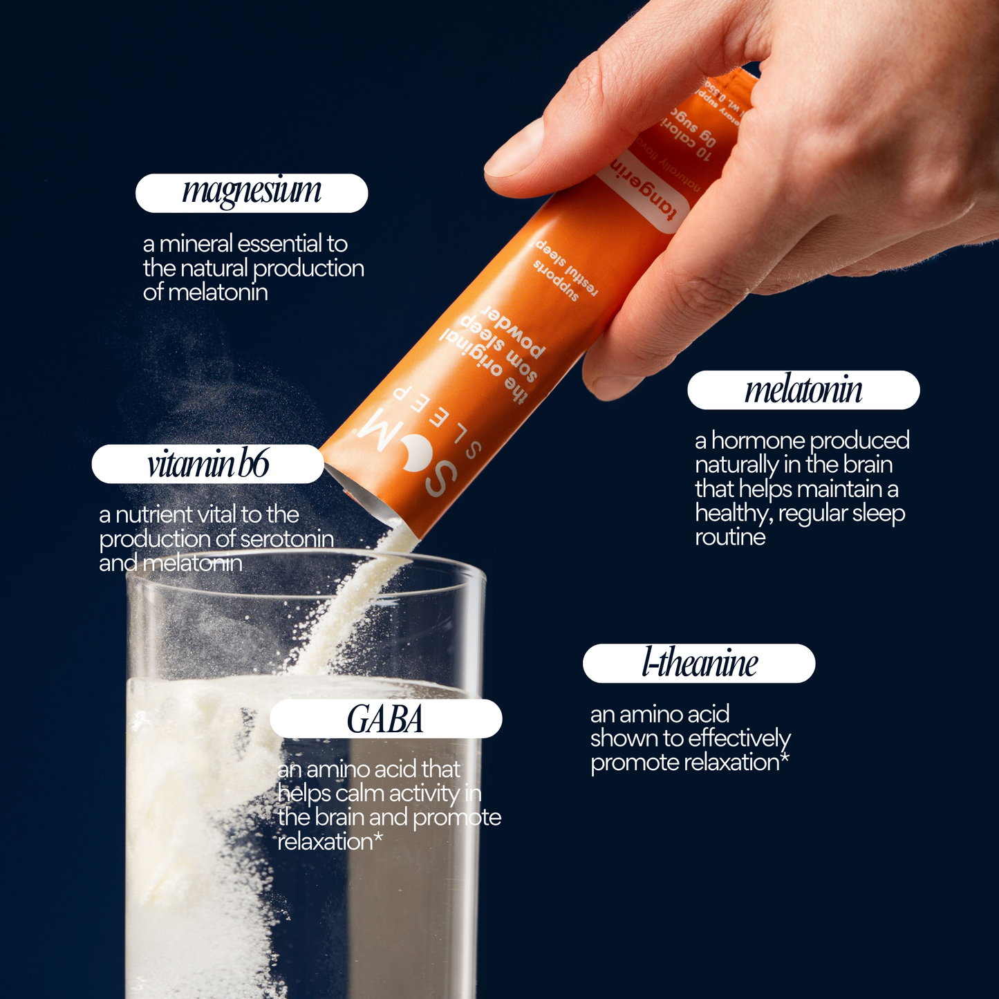 Ingredient list for Som Sleep tangerine sleep aid drink mix powder with melatonin, magnesium, vitamin b6, GABA, and L-theanine.