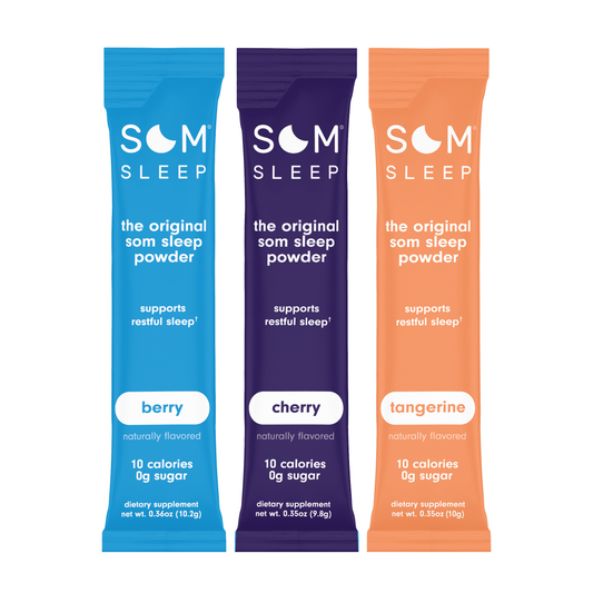 Som Sleep Variety Bundle with Cherry, Berry, and Tangerine sleep aid powder drink mix for better rest and recovery.