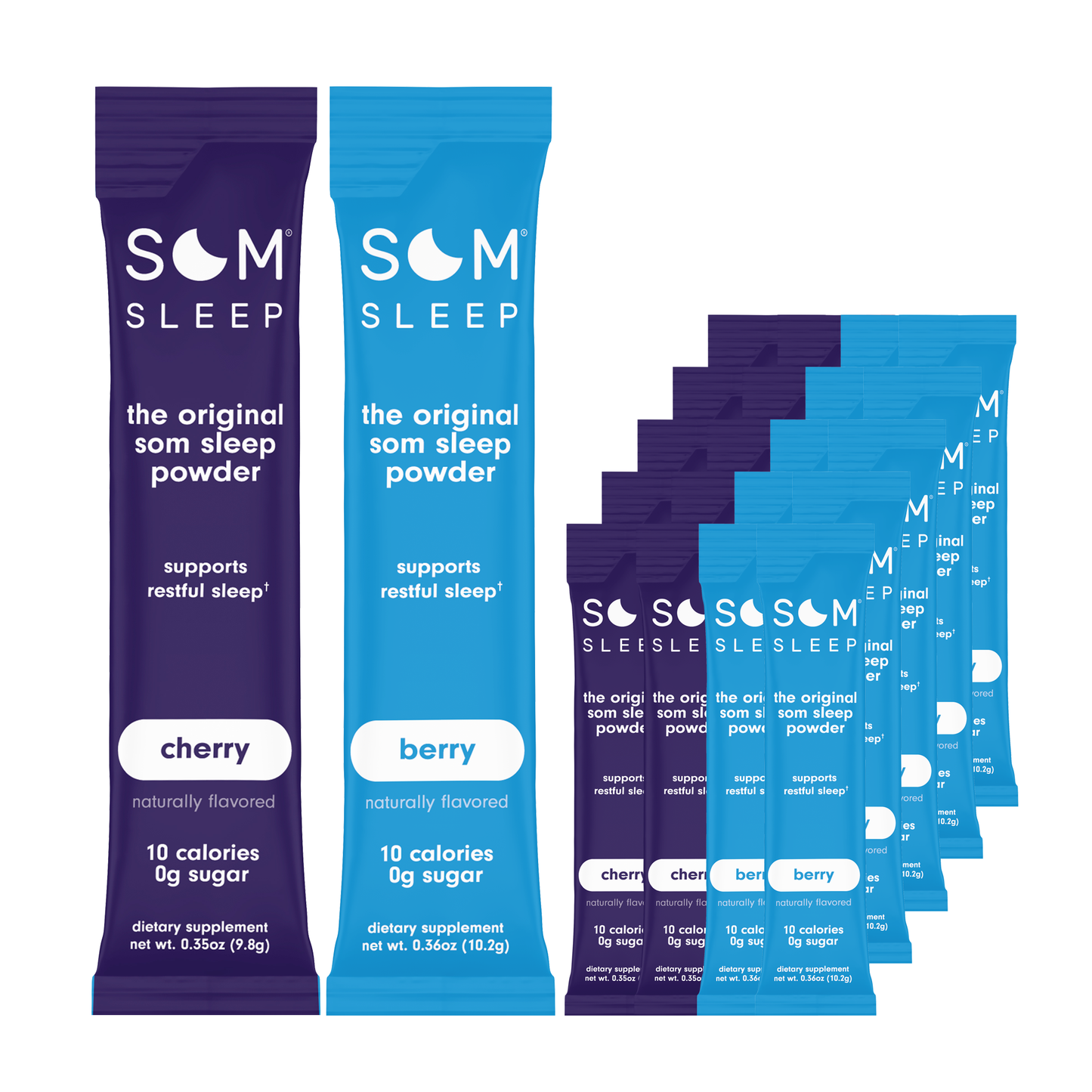 Som Sleep berry and cherry powder drink mix stick packs, 20-pack bundle.