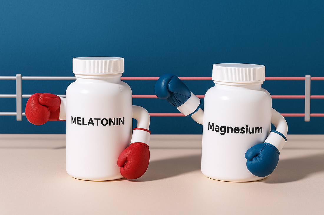 Two bottles labeled Melatonin and Magnesium with boxing gloves in a ring.