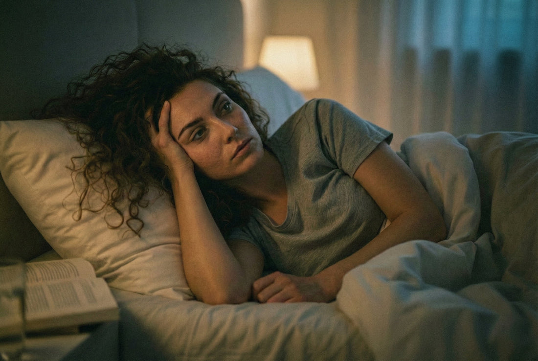Woman lying awake in bed looking frustrated, experiencing semaglutide insomnia and the "wired" feeling at night.