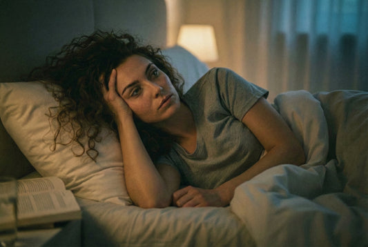 Woman lying awake in bed looking frustrated, experiencing semaglutide insomnia and the "wired" feeling at night.