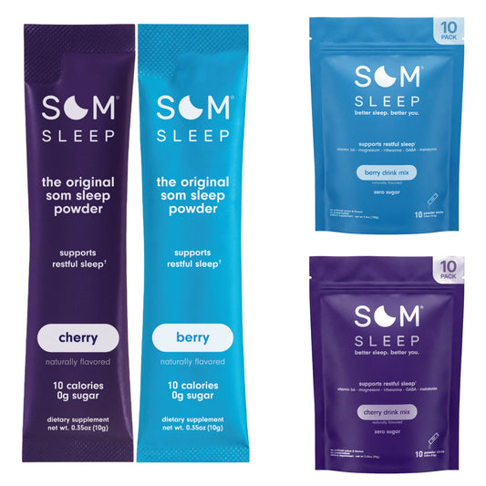 Various packages of Som Sleep powder in purple and blue packaging on a white background.