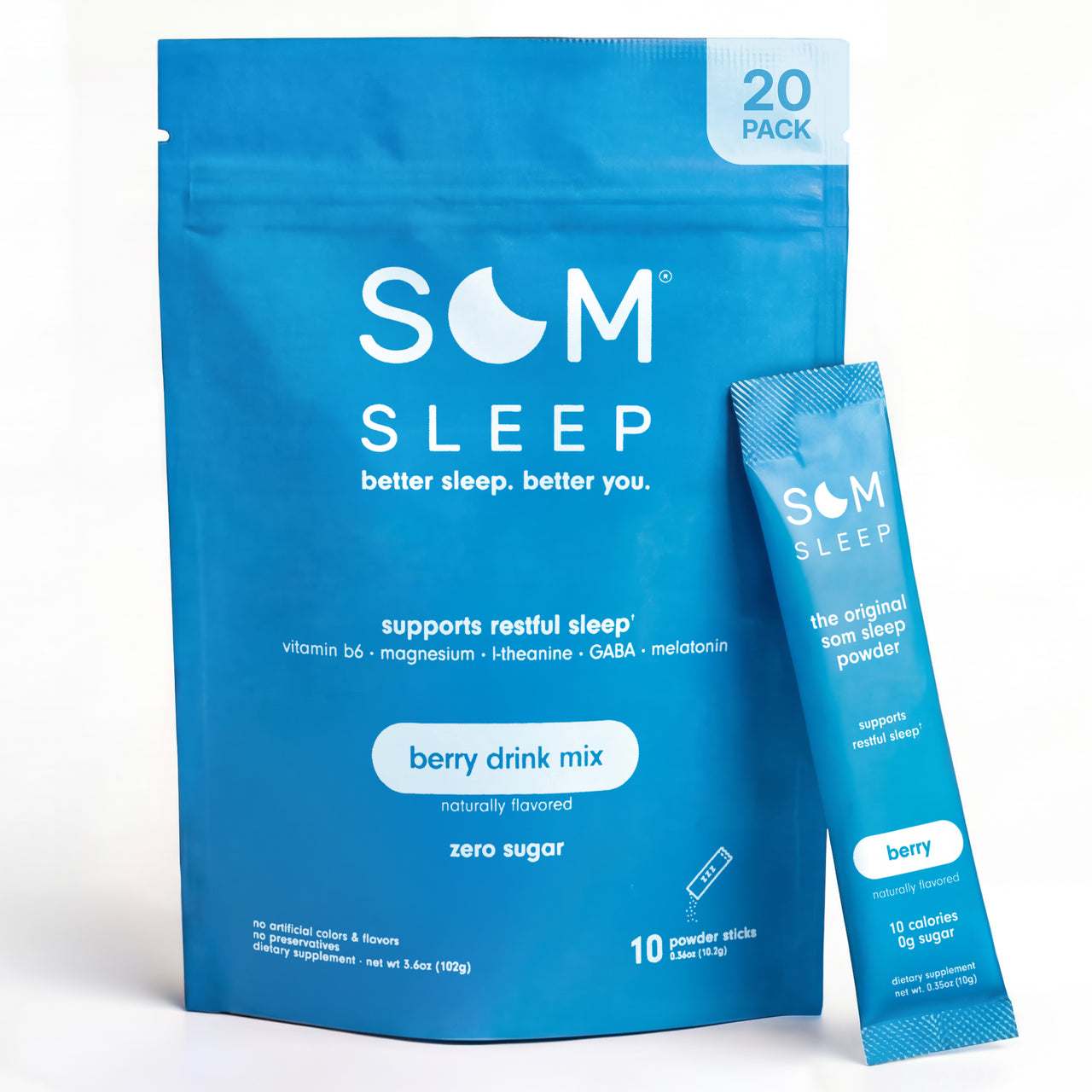 Blue packaging of Som Sleep berry drink mix with a smaller packet on a white background