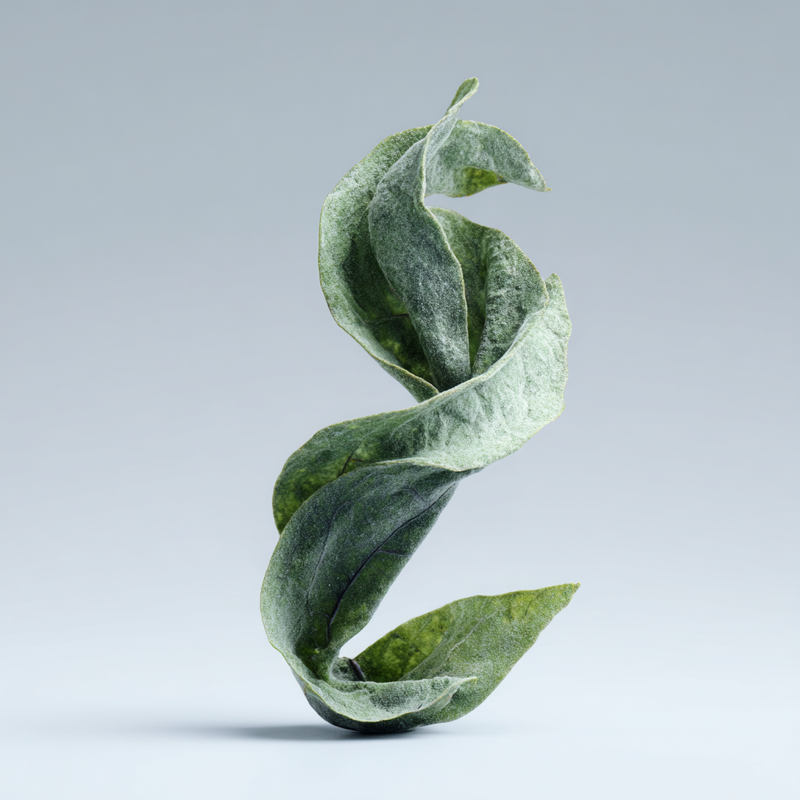 Spiral of green leaves on a light gray background