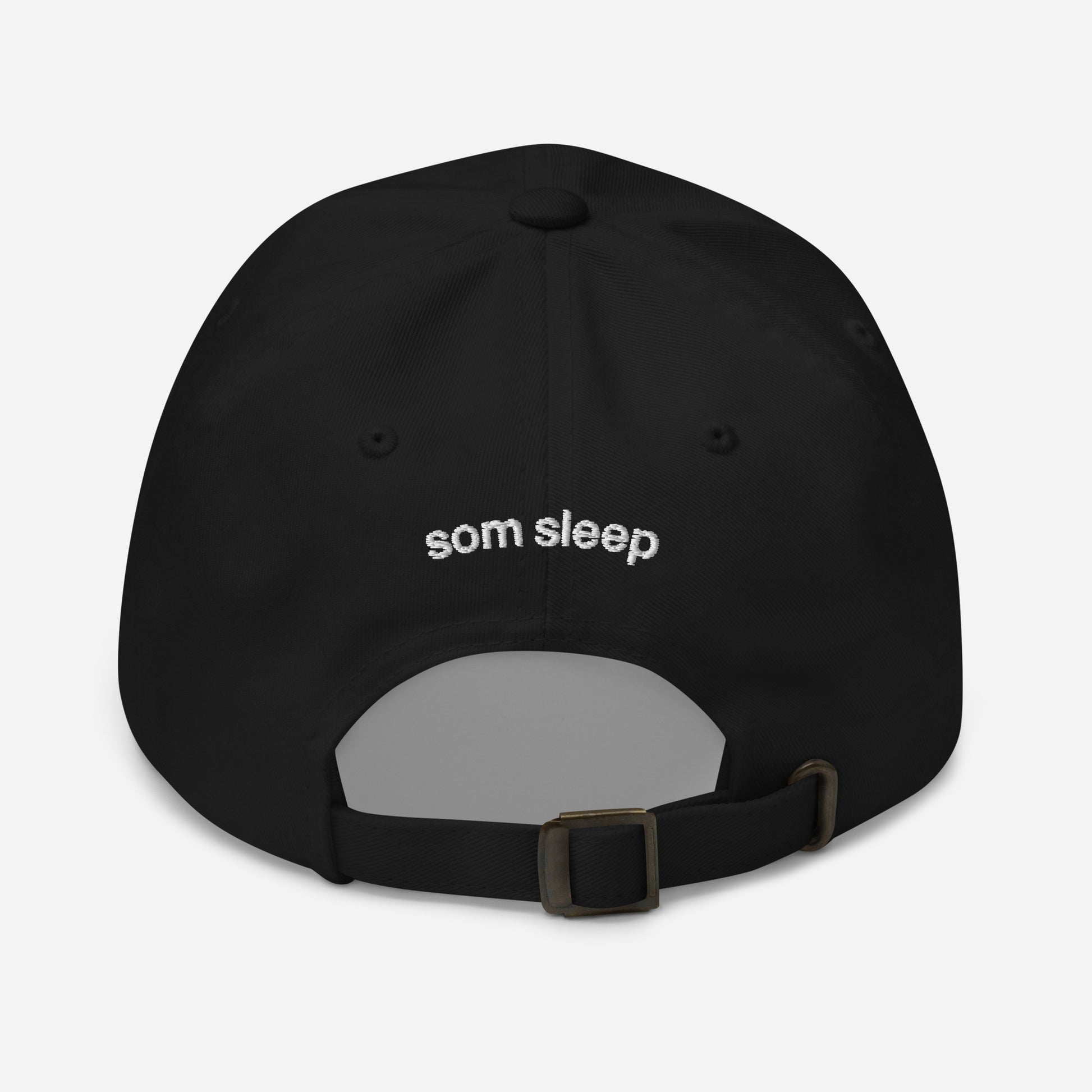 Black I Love Sleep dad hat with embroidered lettering and adjustable strap.