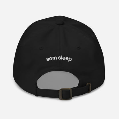 Black I Love Sleep dad hat with embroidered lettering and adjustable strap.