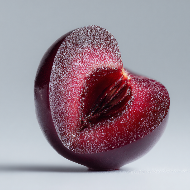 Frosted half of a cherry on a light gray background
