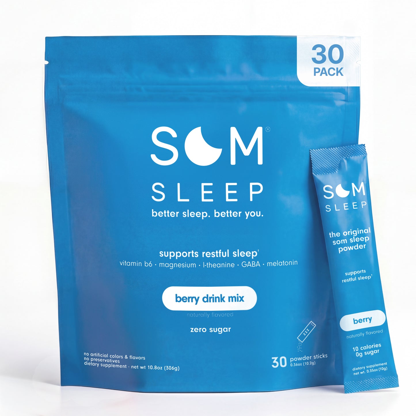 Berry Flavored Som Sleep Powder in a Powder Blue Pouch, 30-Pack.