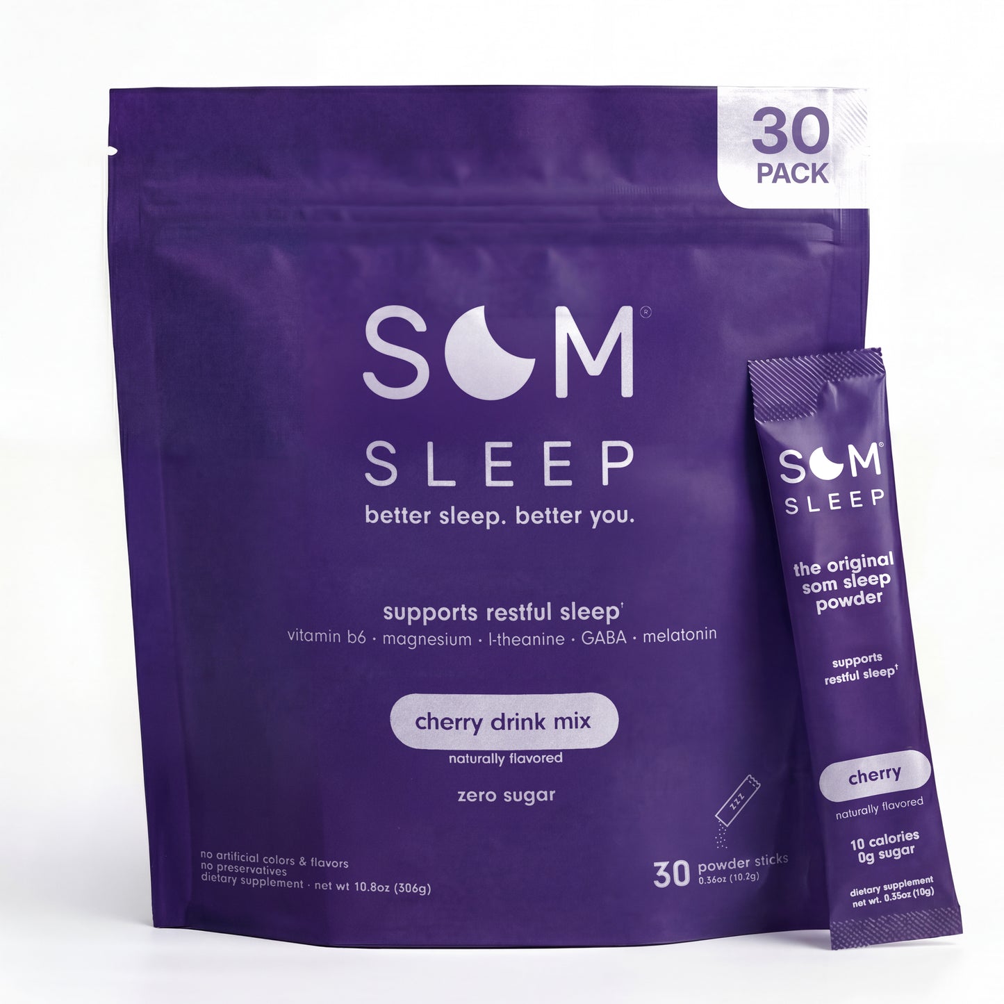Cherry-flavored sleep powder drink mix by Som Sleep, designed to help you relax, fall asleep faster, and wake up refreshed.
