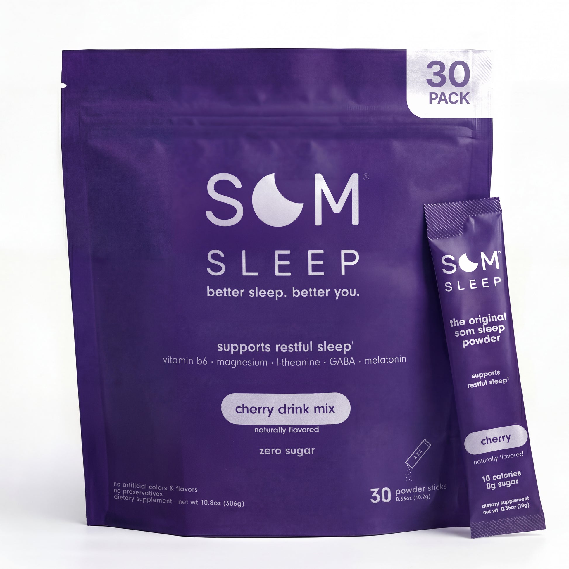 Cherry-flavored sleep powder drink mix by Som Sleep, designed to help you relax, fall asleep faster, and wake up refreshed.
