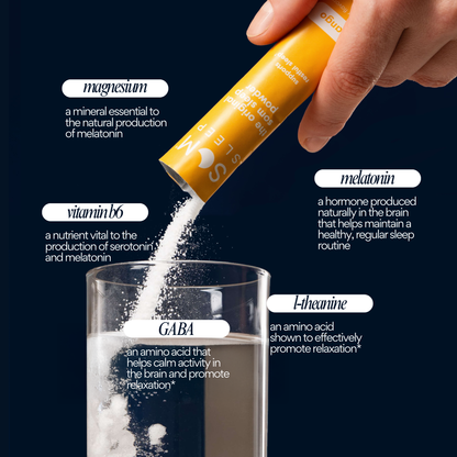 Ingredient list for Som Sleep mango sleep aid drink mix powder with melatonin, magnesium, vitamin b6, GABA, and L-theanine.