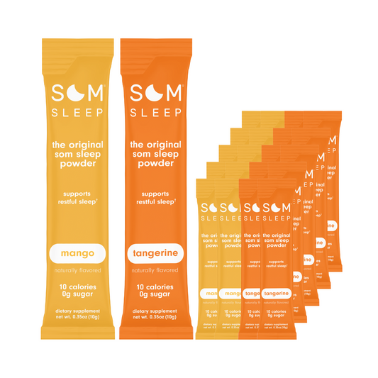 Som Sleep mango and tangerine sleep aid powder stick packs, 20-pack bundle.