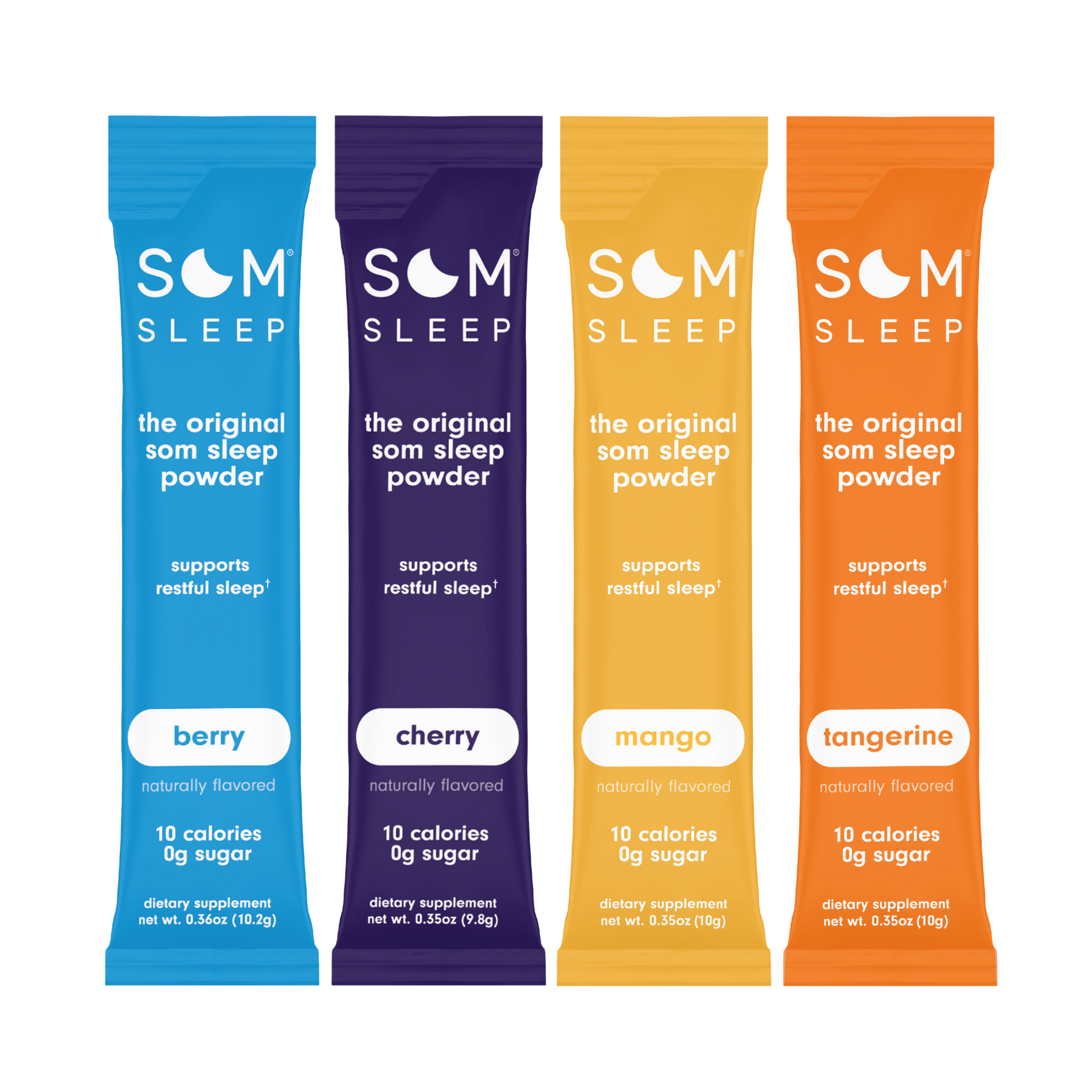 Som Sleep Variety Pack with 40 drink mix sticks in four flavors: Cherry, Berry, Mango, and Tangerine for nighttime relaxation and better sleep.