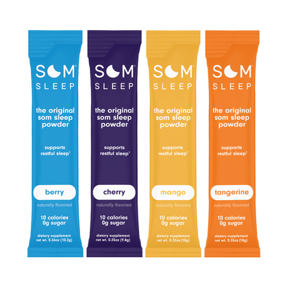 Som Sleep Variety Pack with 40 drink mix sticks in four flavors: Cherry, Berry, Mango, and Tangerine for nighttime relaxation and better sleep.