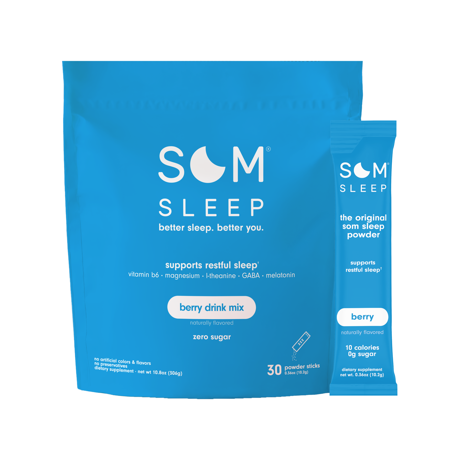 Berry Flavored Som Sleep Powder in a Powder Blue Pouch, 30-Pack.