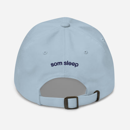 Comfortable blue dad hat with I Love Sleep embroidery, perfect for everyday wear.