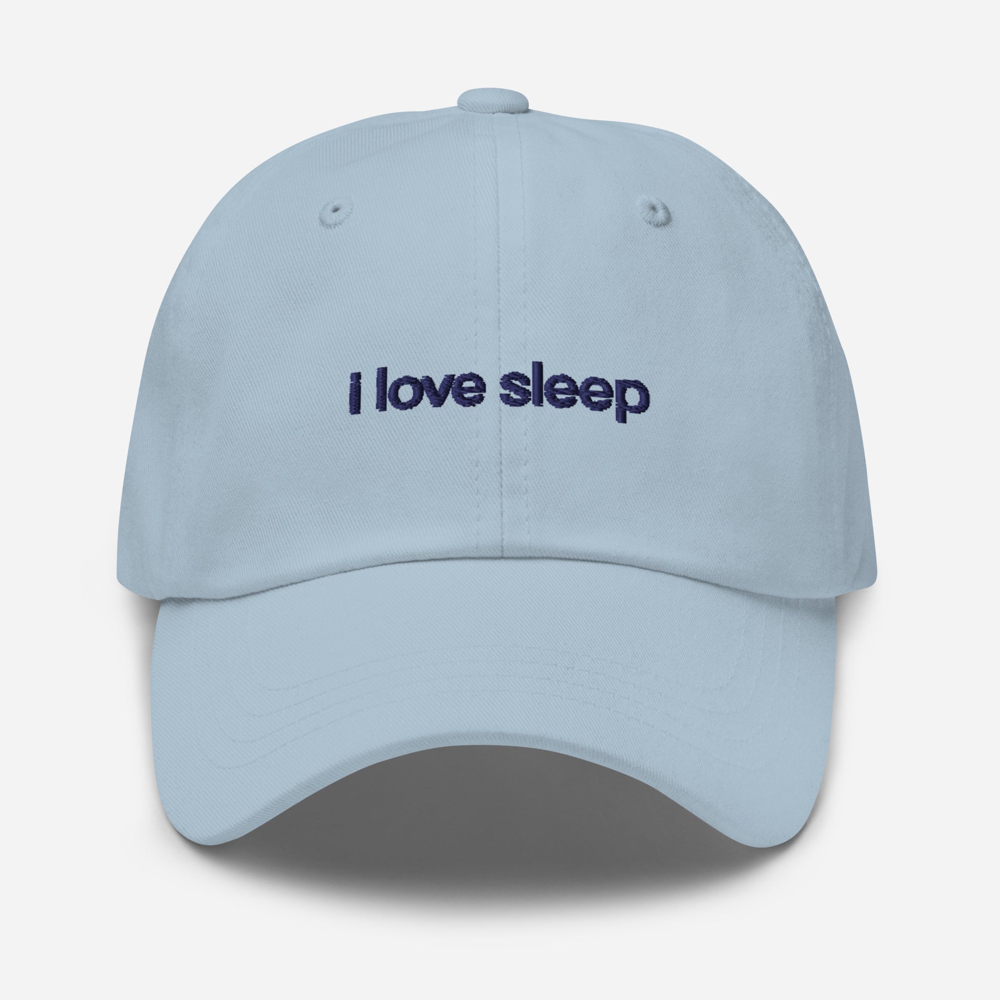 Comfortable blue dad hat with I Love Sleep embroidery, perfect for everyday wear.