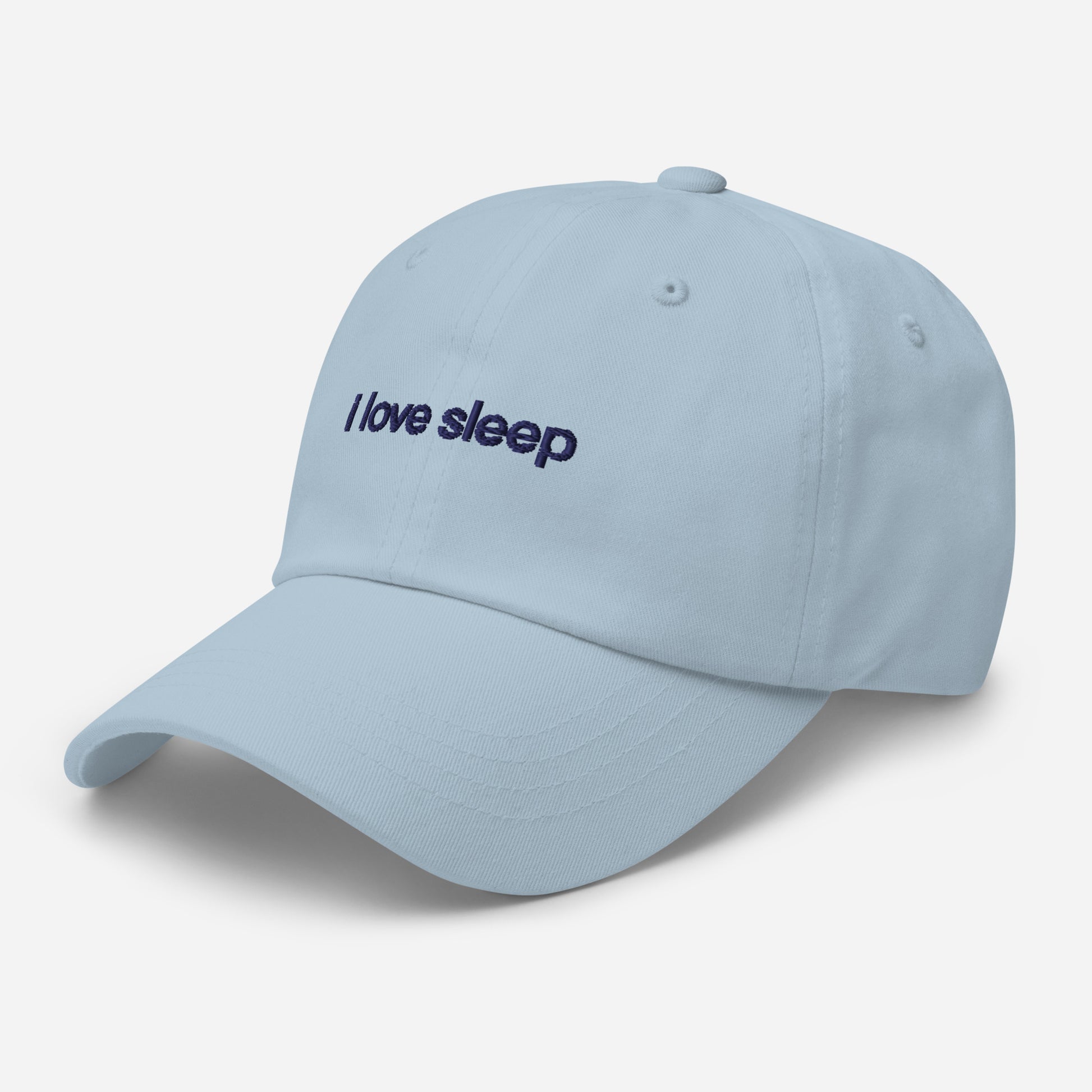 Comfortable blue dad hat with I Love Sleep embroidery, perfect for everyday wear.