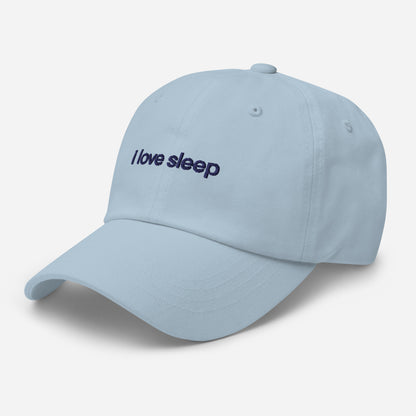 Comfortable blue dad hat with I Love Sleep embroidery, perfect for everyday wear.